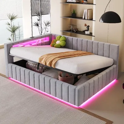 Produktbild von Polsterbett 140x200cm mit hydraulischem Stauraum, LED-Beleuchtung und USB-Anschluss, Samtstoff hellgrau, mit Kopfteil und Rückenlehne für Schlafzimmer