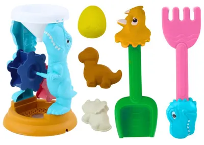 Zdjęcie produktu dla Zestaw Zabawek Do Piasku Młynek Łopatka Grabki Foremki Dinozaury