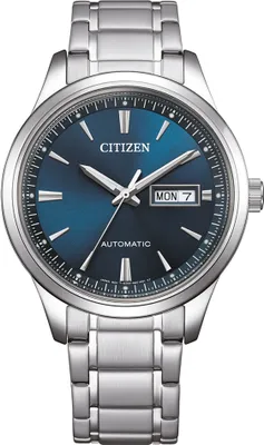 A close-up, front-facing studio shot of a men's wristwatch with a blue dial and a silver metal band, set against a plain white background.