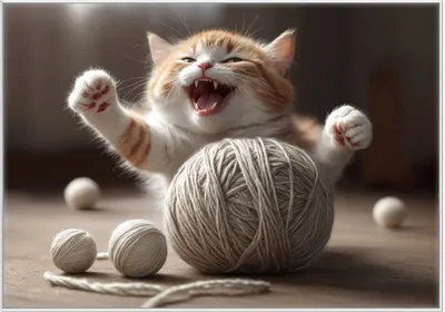 Produktbild von Wallario Wandbild Katze mit Wollknäuel, Größe: 70,30 x 100,30 cm, Poster mit weißem Kunststoffrahmen