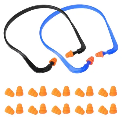 Productafbeelding van 2 stuks gehoorbeschermingsbeugels met 10 paar reservestoppen, zwart en blauw
