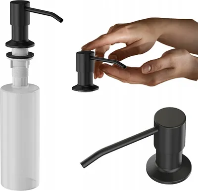 A collage of images showing a black soap dispenser and its components, including a demonstration of its use.