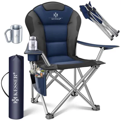 Image de KESSER® : Chaise de camping pliante, jusqu'à 150 kg, chaise de pêche, chaise pliante, tabouret pliable, rembourrée avec accoudoirs, porte-gobelet et sac, dossier haut, chaise de plage, tabouret pliable