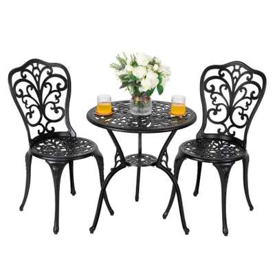 Produktbild von Avestar 3-teiliges Bistro Set aus Aluminiumguss, Gartenmöbel Set, Balkonmöbel, runder Bistrotisch mit 2 Gartenstühlen, Schwarz
