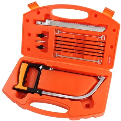 Produktbild von Handsäge Bügelsäge Set 15-in-1 Multifunktions mit 8 HSS Stahl Sägeblättern Einstellbarer Rahmen Orange