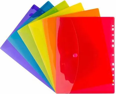 A fanned out set of plastic document folders in rainbow colors.