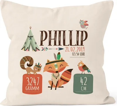 Produktbild von Geburtskissen mit Gewicht und Größe Jungen Mädchen Fuchs Boho, personalisierbares Kissen zur Geburt Geschenk SpecialMe® natur unisize