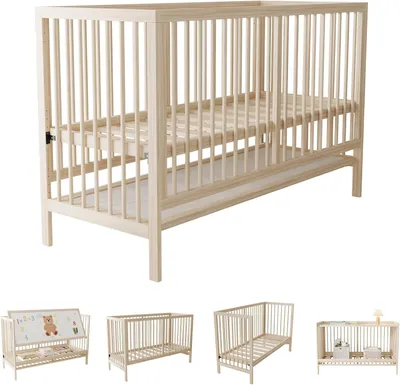 Produktbild von 3 in 1 Babybett 140x60 Massivholz Schreibtisch Funktion | 100kg Traglast, massives Fichtenholz, Umbaubar zum Beistellbett, Schreibtisch & Malerbrett. Höhenverstellbar, EN716