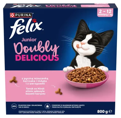Obrázok produktu pre Purina Felix Junior, dvojnásobne chutné, 800g, suché krmivo pre mačiatka s kuracím mäsom, indickým mäsom a zeleninou