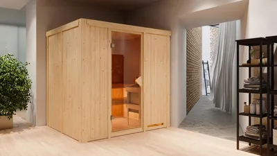 Zdjęcie produktu dla Sauna Karibu Sodin (wejście z przodu), drzwi całoszklane, brązowe, bez akcesoriów