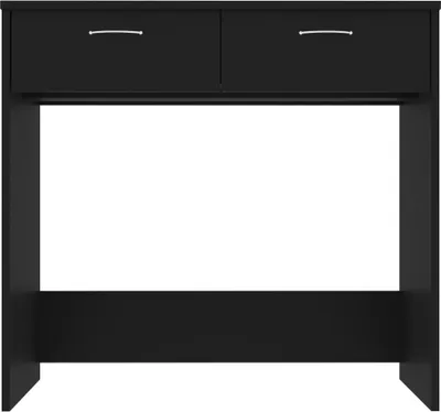 A black desk with two drawers is shown against a white background.