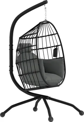 Zdjęcie produktu dla Fotel wiszący Outsunny w kształcie jajka ze stelażem, składana huśtawka wisząca z uchwytem na kubek, zdejmowane, zmywalne siedzisko, hamak, huśtawka na patio i do ogrodu, czarna