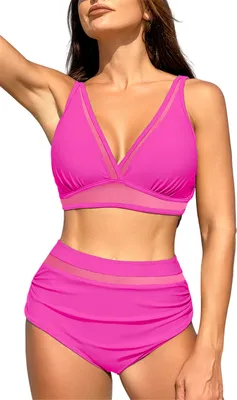 Produktbild von ASKSA Damen Bikini Set Push Up Bauchweg Badeanzug y V Ausschnitt Zweiteiliger Bademode Swimsuit, Rosenrot, Groesse: XL