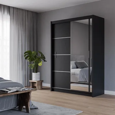 Produktbild von Krudox PRVTA Schwebetürenschrank Schwarz mit Spiegel 150 cm Kleiderschrank mit 2 Kleiderstangen