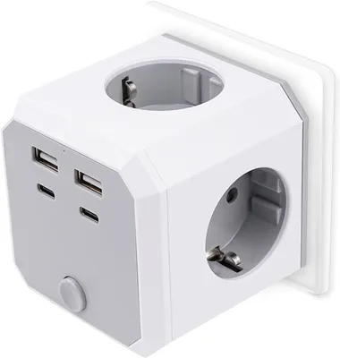 Imagen del producto de Enchufe de pared - Cargador múltiple - Adaptador de enchufe con 4 tomas de corriente AC - 2 puertos USB-A