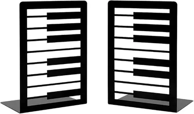 Produktbild von PolkaHome® 1 Paar schwarze Metall-Bücherstützen mit Klavierdesign, kreative Musiknoten-Klaviertasten, rutschfeste verdickte