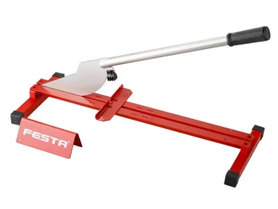 A red vinyl and laminate cutter with a silver handle and black grip, shown against a white background.