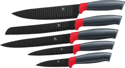 Produktbild von 5tlg. Messerset KING® CARBON RED LINE Edelstahl beschichtete Klingen mit Riffelstruktur / im ETUI / Größen: 20cm Kochmesser, 20cm Ausbeinmesser, 20cm Brotmesser, 12.5cm Universalmesser & 8.5cm Gemüsemesser