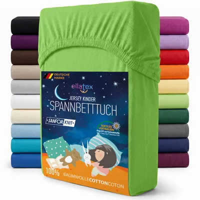 Produktbild von EllaTex Jersey Kinder Spannbettlaken 70x140 Baumwolle – weich & atmungsaktiv, Spannbetttuch für Babybett, in Farbe: Apfelgrün