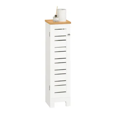 A tall, narrow white cabinet with a wooden top, designed for bathroom storage.