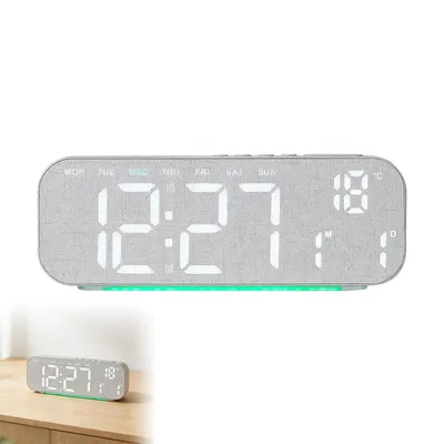 Produktbild von LED Digitaler Wecker mit Holzoptik & Ambientelicht, Große Anzeige, Temperatur, Kalender, 2 Alarme, Grau