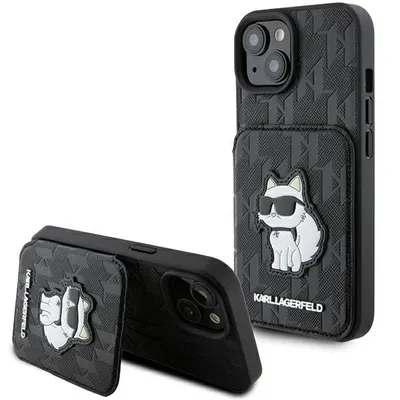 A black Karl Lagerfeld iPhone case with a Choupette cat design is shown from two angles against a white background.