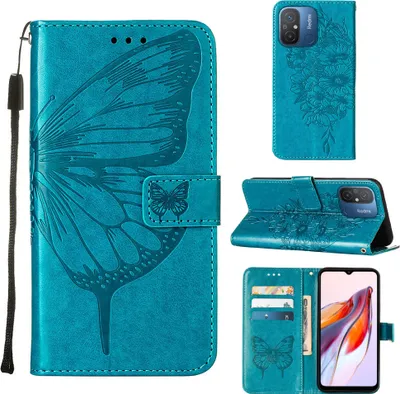 Produktbild von Lederhülle für Xiaomi Redmi 12C /Poco C55 Schmetterling Prägung Flip Ledertasche Kartenfächer Handyhülle mit Ständer Blau