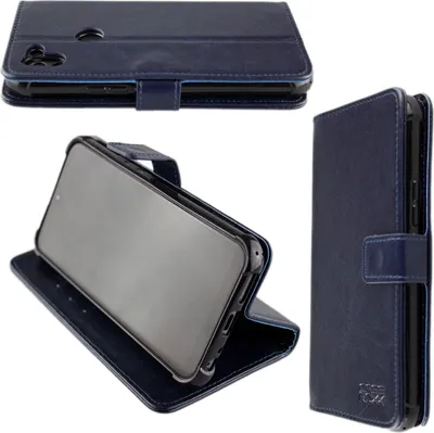 A collage of images showing a blue leather flip case for a smartphone, with the phone inserted in one of the images.