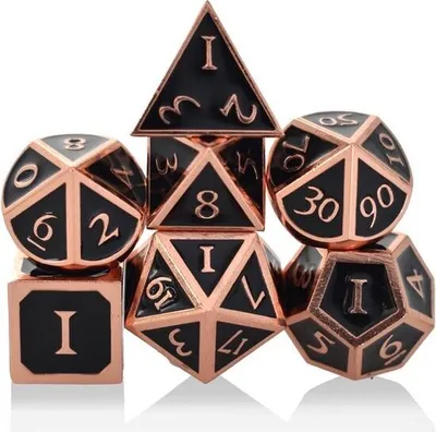 Produktbild von Hilvard - Metall Würfelset, Kupfer Schwarz, D&D Würfelset, DnD Polydice Set, 7-Teilig, polyedrisches Würfel-Set, Inklusive Metallkoffer und Samtbeutel