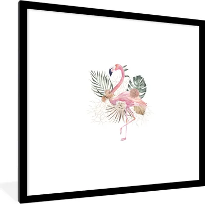 Produktbild von MuchoWow® MuchoWow® Gerahmtes Poster Flamingo - Blätter - Blumen - Zeichnung 40x40 cm - Poster mit zchwarzem Bilderrahmen - Poster - Plakat im Rahmen