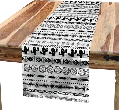 Produktbild von ABAKUHAUS Vintage Tribal Tischläufer, Monochrome inspirierte Motive Wiederholung als Horizontal, 40 x 300 cm, Charcoal Grau Weiß