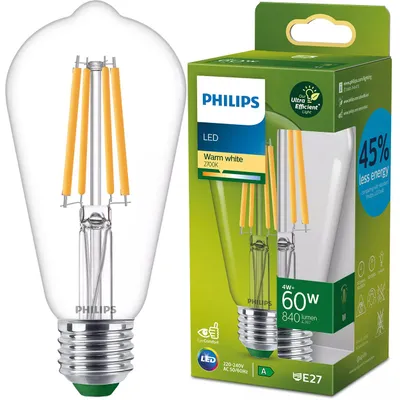 Zdjęcie produktu dla Philips Żarówka żarnikowa przezroczysta 60 W ST64 E27, 4 W, 60 W, E27, 840 lm, 50000 h, Ciepłe białe