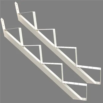 Two white metal stair stringers are shown against a plain gray background.