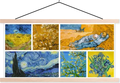Produktbild von MuchoWow® Textilposter Van Gogh - Collage - Sternennacht 120x60 cm mit holzfarbenen Rahmen - Klemmleiste