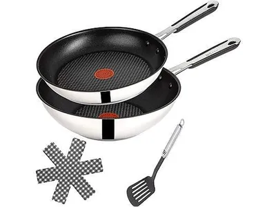 Produktbild von Tefal E30 Jamie Oliver Pfannenset Induktion 4 tlg -SET10- hohe Wok 28 cm asiatisch, Pfanne 24cm hoch, Antihaft-beschichtet, Rostfreier Stahl Wokpfanne