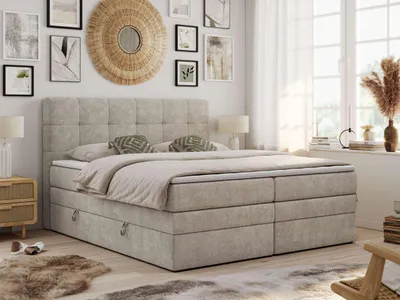 Obrázek produktu pro Kontinentální manželská postel LUKA KING s úložným prostorem - 180x200 cm - Multipocket H3 + Pocket | Béžová Strukturovaná látka - Topper Visco