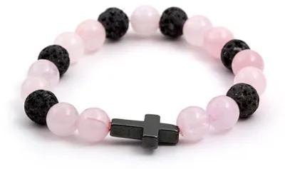 Immagine prodotto di Bracciale di perline in quarzo rosa, pietra lavica ed ematite MINK06/17