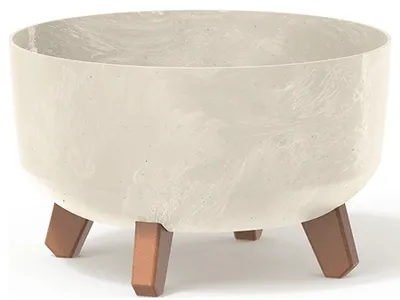 A cream-colored planter with a marbled effect and three brown legs, shown against a white background.