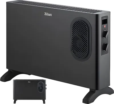 A black electric convector heater with two feet, shown from a slightly diagonal angle. A smaller inset image of the same heater is shown in the bottom left corner.