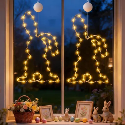 LED Osterhasen-Lichterkette, 2er-Set, warmweiß, Timer, batteriebetrieben