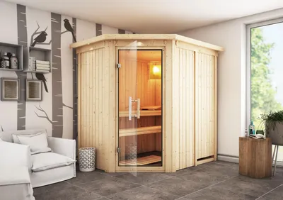 Produktbild von Karibu Sauna Innensauna Carin Eckeinstieg Ofen 9 kW integr. Strg 196x151x198 cm ohne Dachkranz mit Klarglastür
