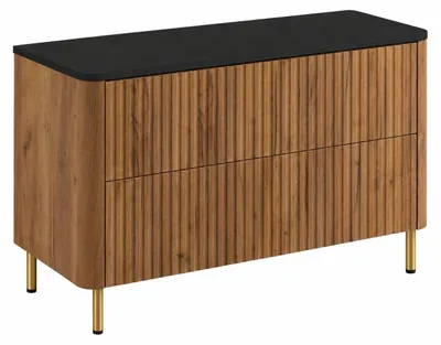 Immagine prodotto di Mobile da bagno, finitura "Craft-Eiche", piano nero, gambe dorate, dimensioni 100,8 x 44,2 x 65 cm, Immagine generata dall'IA