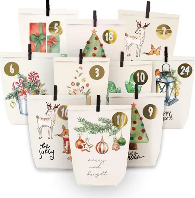 Produktbild von Adventskalender mit Aquarellmotiven und Kraftpapiertüten