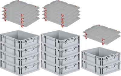 Produktbild von SparSet 10x Eurobox NextGen Economy mit Auflagedeckel und 4x Schiebeschnappverschlüsse Rot | Griffe geschlossen | HxBxT 12x30x40cm | 11 Liter | Eurobehälter, Transportbox, Transportbehälter, Stapelbehälter