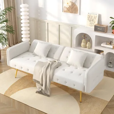 Produktbild von Zweisitzer-Multifunktions-Sofabett mit Bettfunktion, verstellbarer Rückenlehne + mehrstelligen Armlehnen. Modernes Faltsofabett für Wohnzimmer - Veloursbezug. Großzügiger Schlafbereich