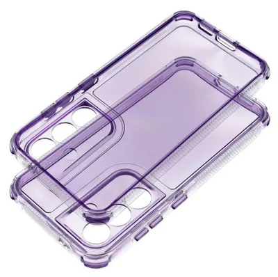 A transparent purple phone case is shown from a diagonal angle against a white background.