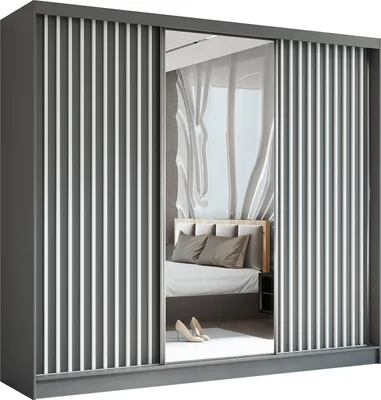 Produktbild von Masseno Schiebetürenschrank LAMELLO 240 cm Kleiderschrank mit 4 Schubladen Schlafzimmer Schrank 3-türig mit Spiegel und Lamellen Grau