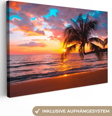 Zdjęcie produktu dla MuchoWow® - Obraz na płótnie - Palma - Zachód słońca - Plaża - Morze - Horyzont, fototapeta, dekoracja ścienna, obrazy do salonu, 60x40cm