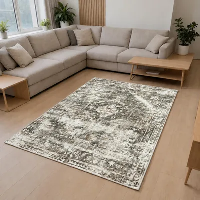 Obrázek produktu pro Beige koberec s motivem medailonu a strukturou evokující vintage styl, rozměry 240 x 330 cm