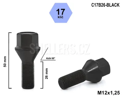 Obrázek produktu pro Kolový šroub M12x1,25x26 kužel, klíč 17, C17B26-BLACK, černý, výška 50 mm